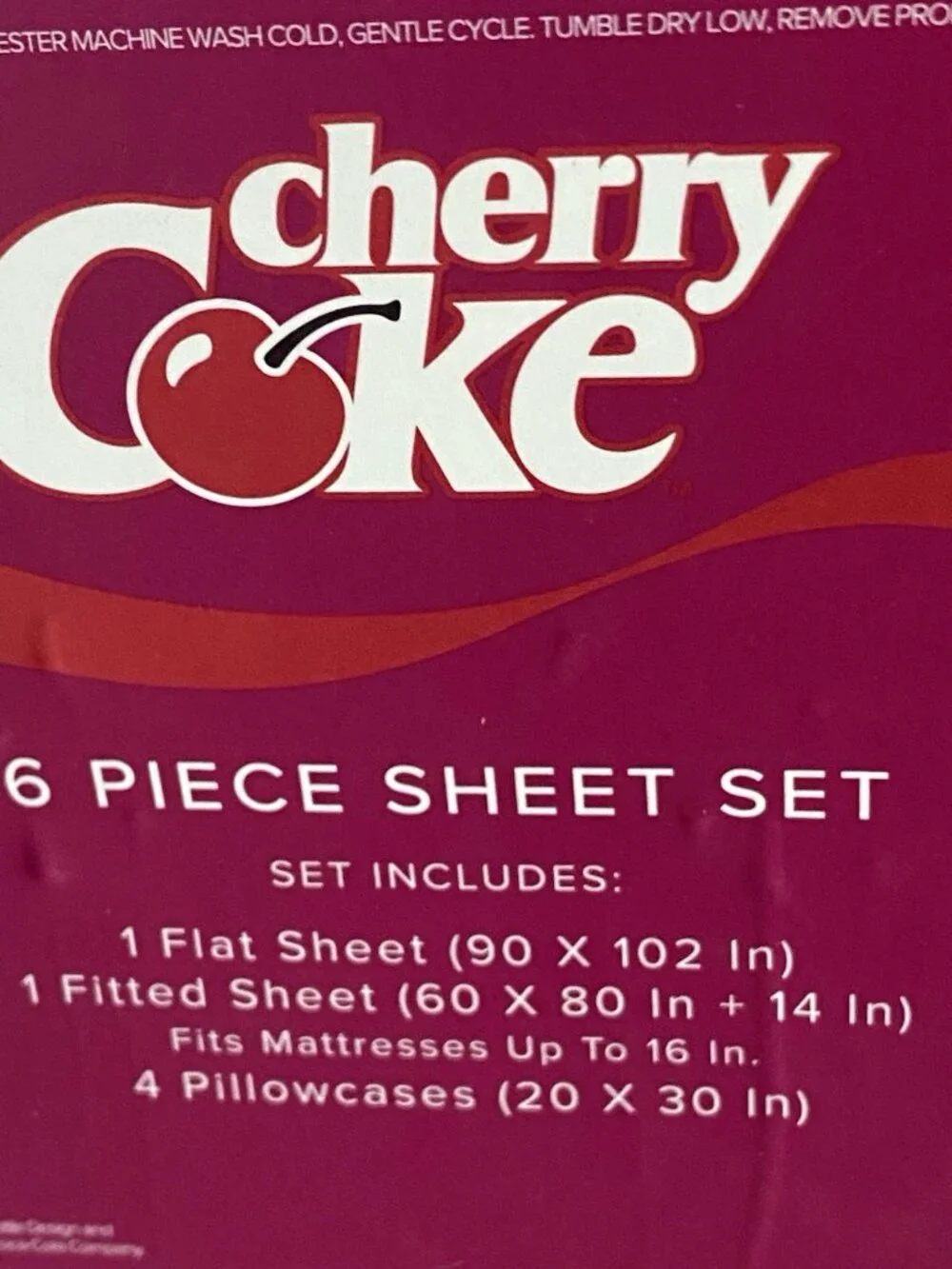 6 Piece Cherry Coke‎ Outrageous Can QUEEN Size Sheet Set Bedding Pink Soft NEW